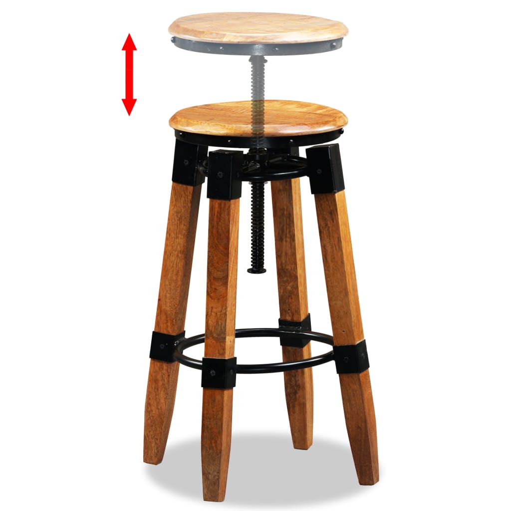 Tabouret de bar en bois massif avec flèche rouge illustrant le réglage en hauteur de l’assise par vis